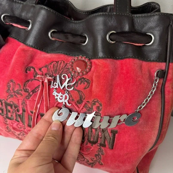 Juicy Couture Pink and Black Suede Shoulder Bag with Logo Charm - Picture 6 of 7